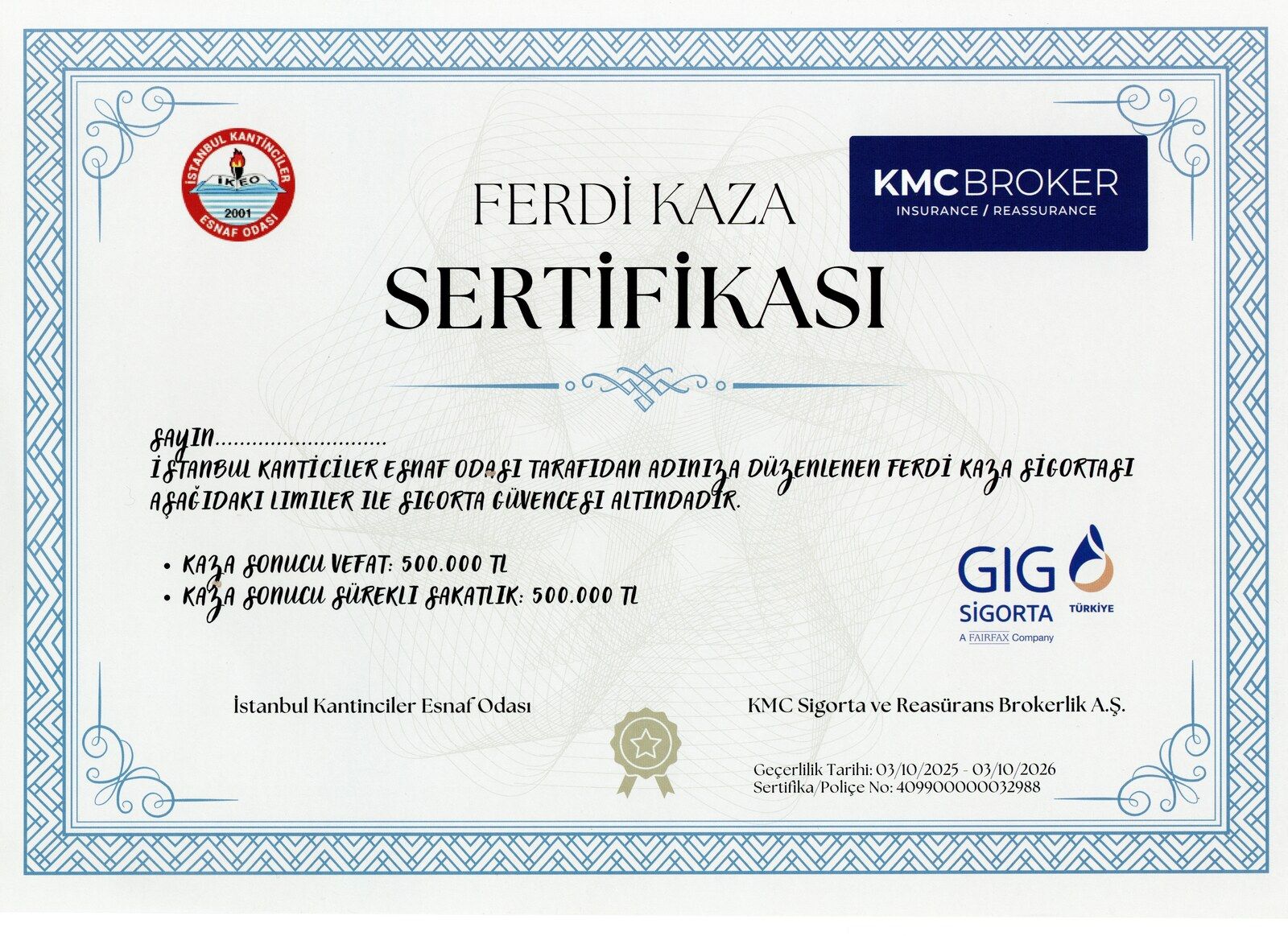 Üyelerimize Ferdi Kaza Sigortası